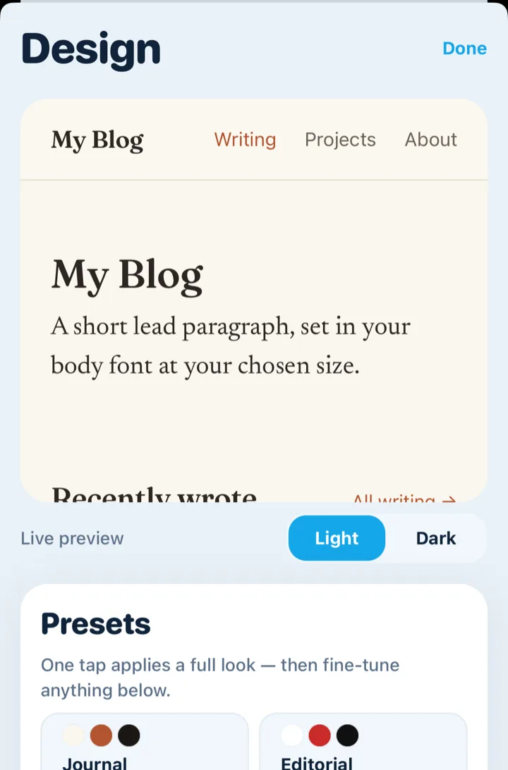 The Design editor: a live preview of the blog above theme presets named Journal, Editorial, Studio, and Gallery