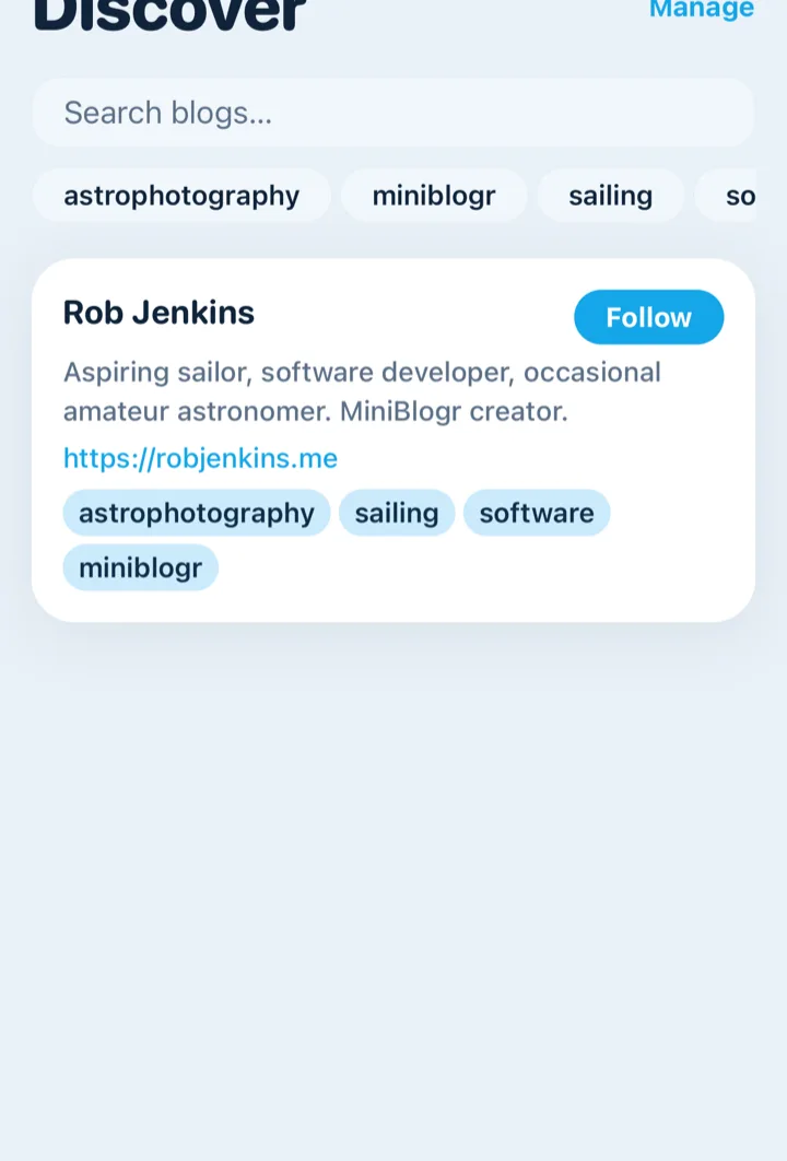 The Discover tab: a blog card from a shared registry with topic tags and a follow button