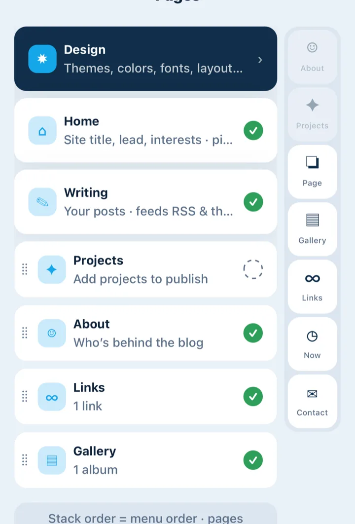 The Pages tab: a site built as a stack of page blocks, each with a green ready check